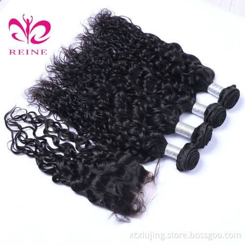 REINE wholesale brazilian virgin hair water wave 4 bundle with closure, 5pc brazilian hair weave closure on sale